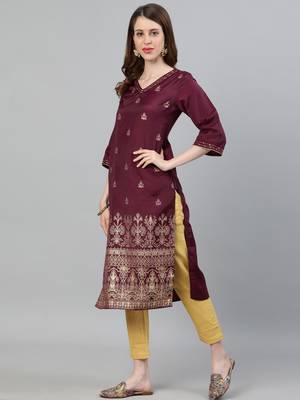 Burgundy embroidered silk ethnic-kurtis 2