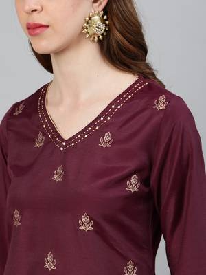Burgundy embroidered silk ethnic-kurtis 5