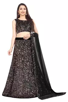 Peach plain velvet semi stitched lehenga