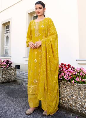 MustardThreadSequanceMirror Embroidery WorkGeorgettesemi stitchedtop & bottom with dupatta 1