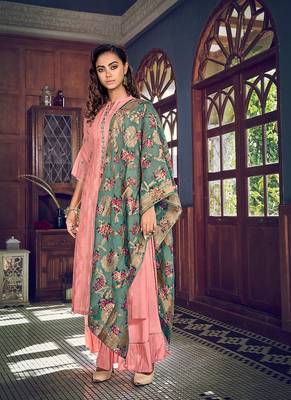 PinkDesigner Heavy Embroidery WorkHand Spray Printtussar silksemi stitchedtop & bottom with dupatta 1