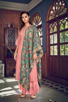PinkDesigner Heavy Embroidery WorkHand Spray Printtussar silksemi stitchedtop & bottom with dupatta