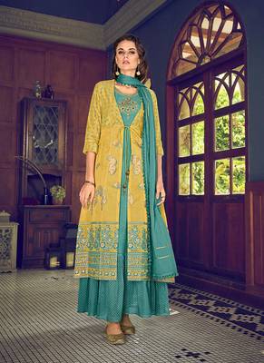 MustardDesigner Heavy Embroidery WorkArt Silksemi stitchedtop & bottom with dupatta 1