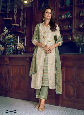 Off WhiteDesigner Heavy Embroidery WorkArt Silksemi stitchedtop & bottom with dupatta 1