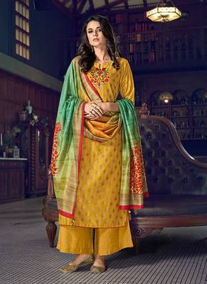 MustardDesigner Heavy Embroidery WorkDigital Printedtussar silksemi stitchedtop & bottom with dupatta 1