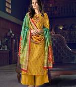 MustardDesigner Heavy Embroidery WorkDigital Printedtussar silksemi stitchedtop & bottom with dupatta