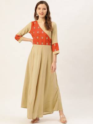 Beige embroidered viscose rayon long-dresses 1