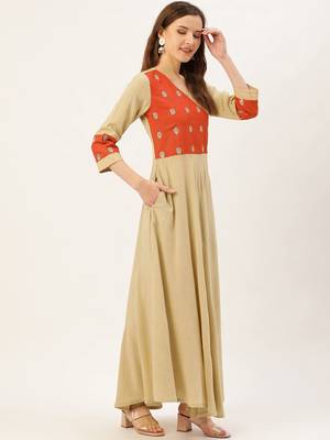 Beige embroidered viscose rayon long-dresses 2