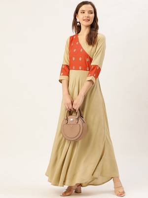 Beige embroidered viscose rayon long-dresses 4