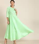 Blue embroidered poly cotton long-dresses