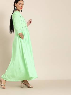 Blue embroidered poly cotton long-dresses 2