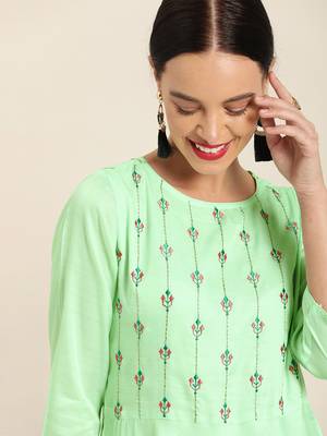 Blue embroidered poly cotton long-dresses 4