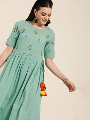 Sea-green embroidered cotton long-dresses 1