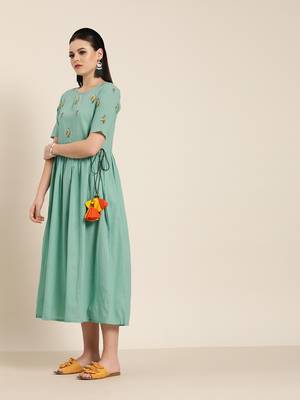 Sea-green embroidered cotton long-dresses 2