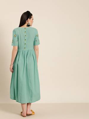 Sea-green embroidered cotton long-dresses 3