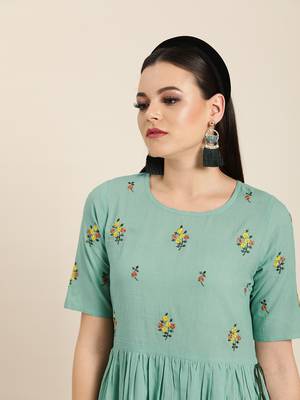 Sea-green embroidered cotton long-dresses 4