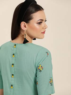 Sea-green embroidered cotton long-dresses 5