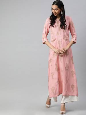 Pink printed viscose rayon long-dresses 1
