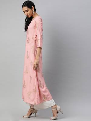 Pink printed viscose rayon long-dresses 2