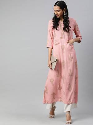 Pink printed viscose rayon long-dresses 5