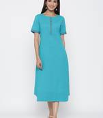 Turquoise embroidered blended cotton long-dresses