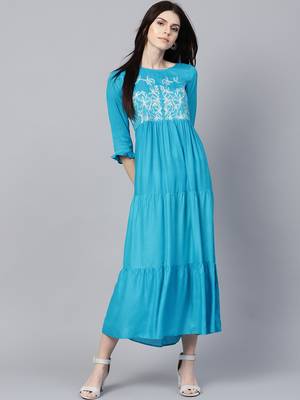 Turquoise embroidered dobby long-dresses 1