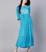 Turquoise embroidered dobby long-dresses