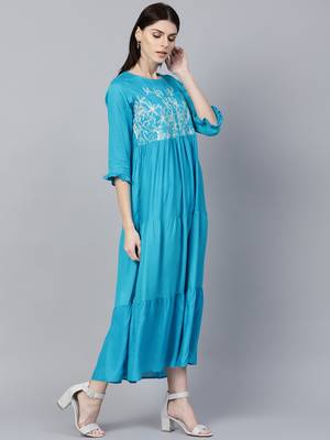Turquoise embroidered dobby long-dresses 2