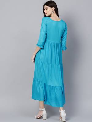 Turquoise embroidered dobby long-dresses 3