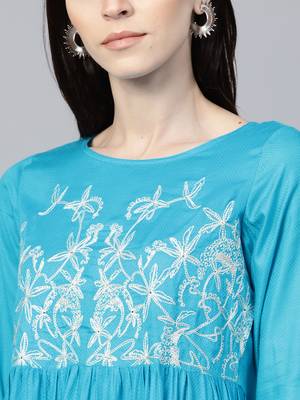 Turquoise embroidered dobby long-dresses 4