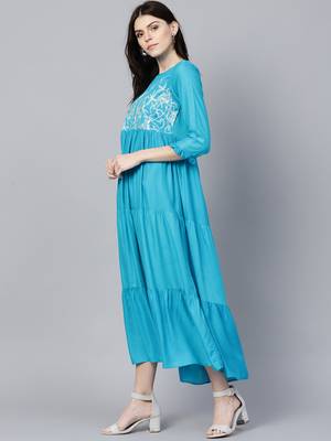 Turquoise embroidered dobby long-dresses 5