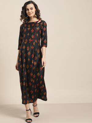 Black printed viscose rayon long-dresses 1