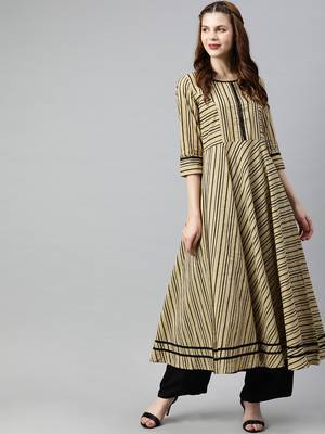 Beige printed cotton long-dresses 1