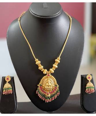 Gorgeous Gold Plated Lakshmi Necklace Set With Ruby Emerald Beads 1