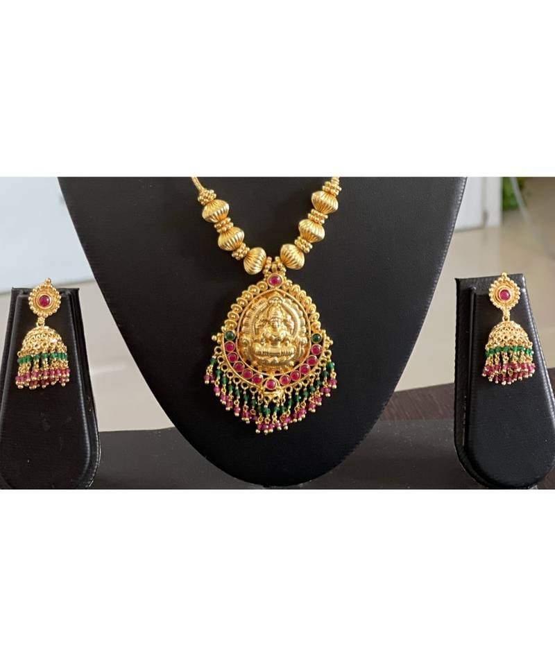 Gorgeous Gold Plated Lakshmi Necklace Set With Ruby Emerald Beads
