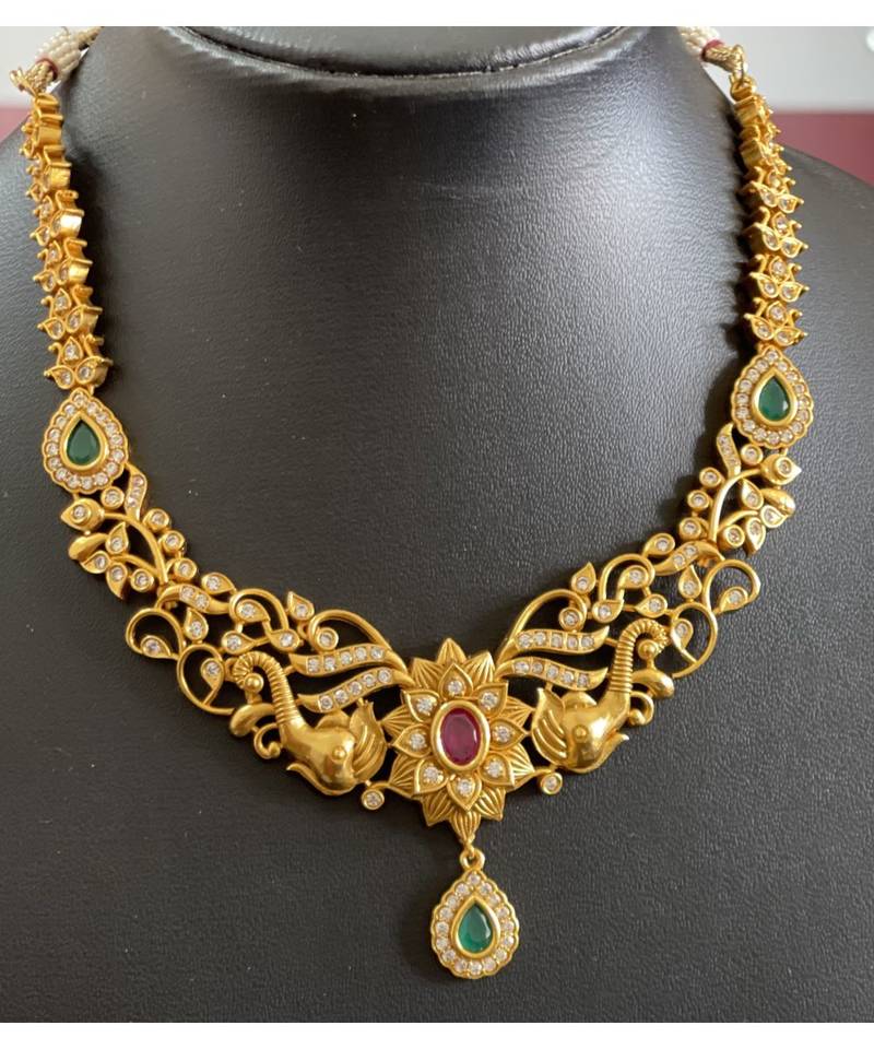 Gorgeous Matte Finish Cz Ruby-green Designer Elephant Necklace Set