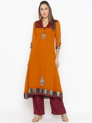 Mustard embroidered georgette ethnic-Kurti 1
