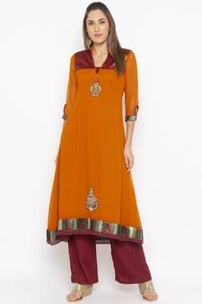 Mustard embroidered georgette ethnic-Kurti
