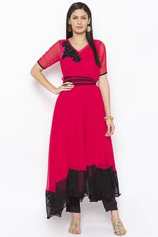 Rani-pink embroidered georgette ethnic-Kurti