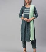 Women Grey Embroidered Yoke Patternt Kurta Set With Dupatta