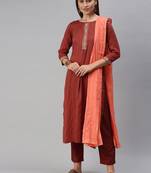 Women Rust Embroidered & Sequence Kurta Set With Dupatta