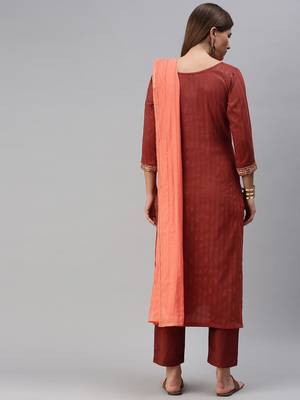 Women Rust Embroidered & Sequence Kurta Set With Dupatta 3