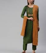 Women Olive Green Embroidered & Sequence Kurta Set With Dupatta