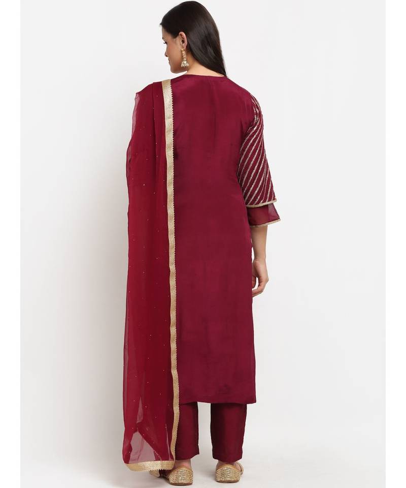 Jazzy Wine Sequined Sleeves Straight Kurti with Pants and Net Mokaish Dupatta