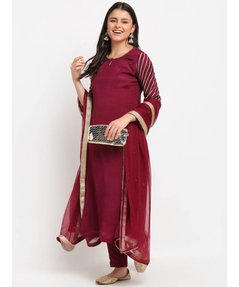 Jazzy Wine Sequined Sleeves Straight Kurti with Pants and Net Mokaish Dupatta