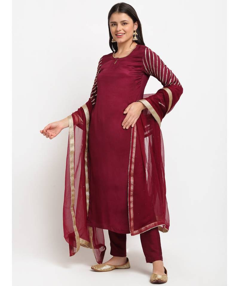 Jazzy Wine Sequined Sleeves Straight Kurti with Pants and Net Mokaish Dupatta