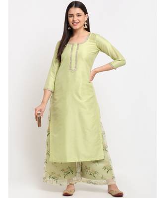 Leaf Green Straight Kurti with Printed Palazzo 1