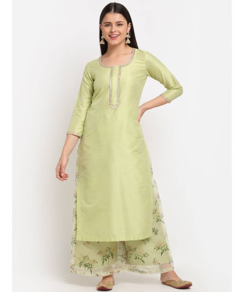 Leaf Green Straight Kurti with Printed Palazzo