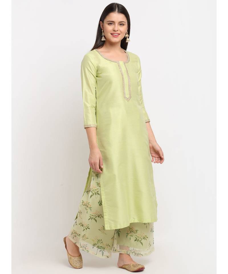 Leaf Green Straight Kurti with Printed Palazzo