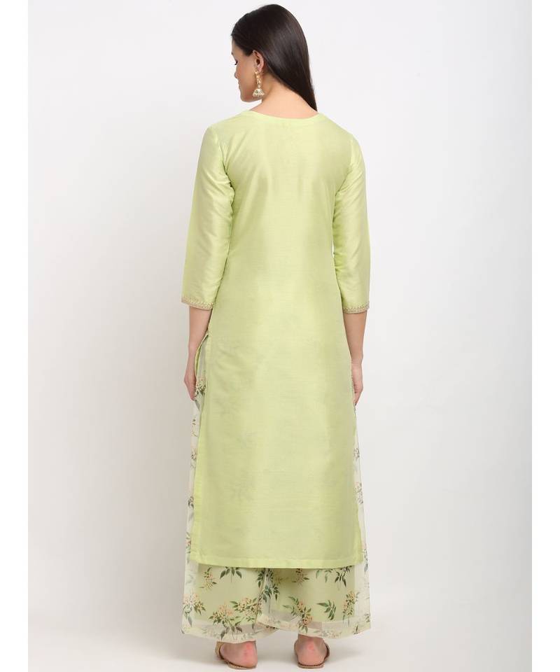 Leaf Green Straight Kurti with Printed Palazzo